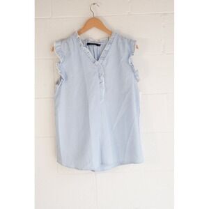 Doe & Rae Blue White Striped Ruffle Lace Trim Sleeveless Blouse Top Medium